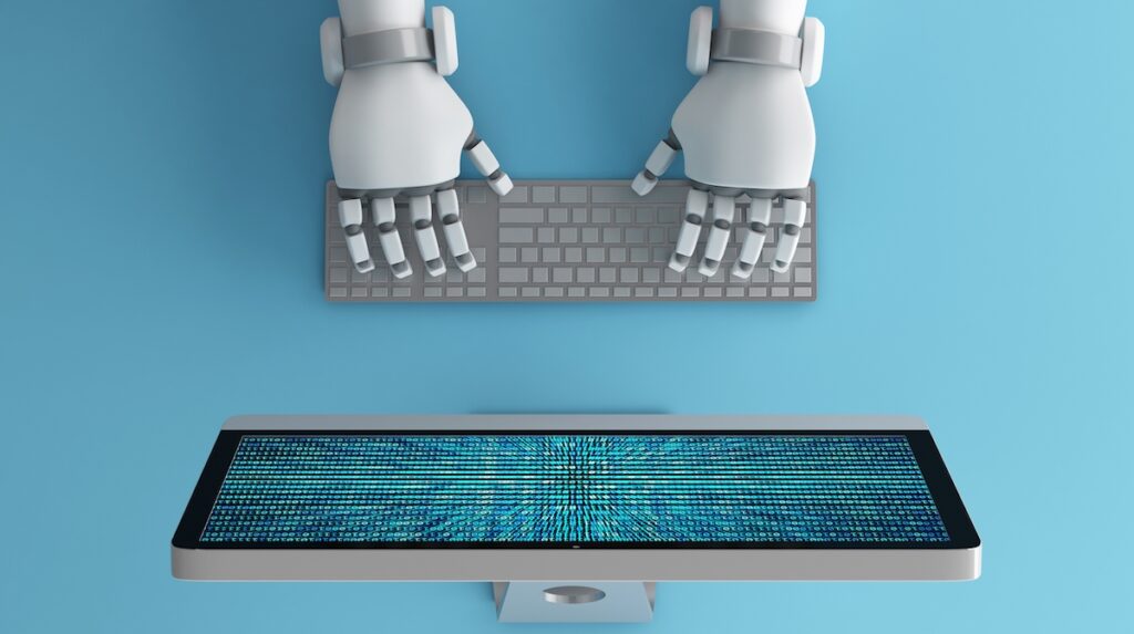 Top view of Robot hands using keyboard in front of a computer monitor with binary number code screen, mock up. Artificial intelligence in digital data futuristic technology concept, 3d illustration